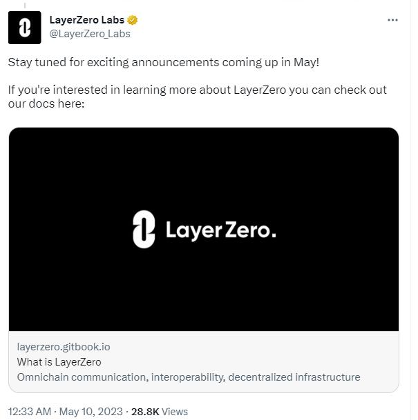 LayerZero Labs ： 5  月将发布激动人心的公告