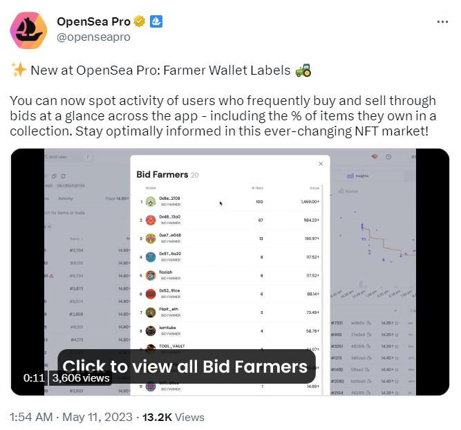 OpenSea Pro 推出新功能“Farmer Wallet”标签