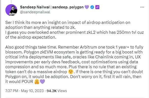 Polygonの共同創設者は、そのzkEVMがエアドロップされる可能性があることを示唆しました。