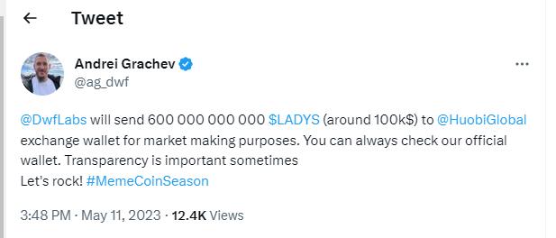 DWF Labs transferred 60 billion LADYS to Huobi for market making