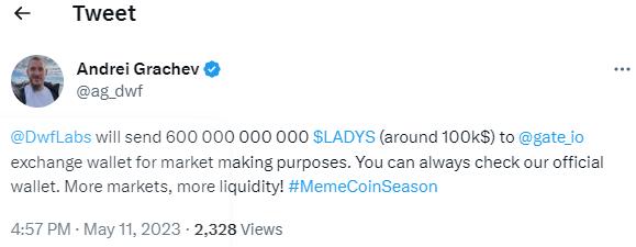 DWF Labs transferred 60 billion LADYS to Gate.io for market making