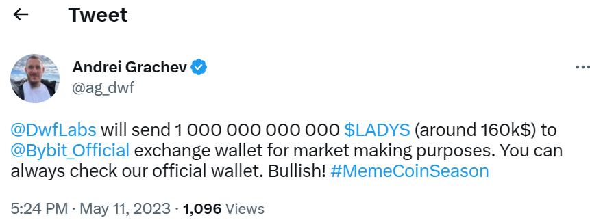 DWF Labs transfers 1 trillion LADYS to Bybit for market making again