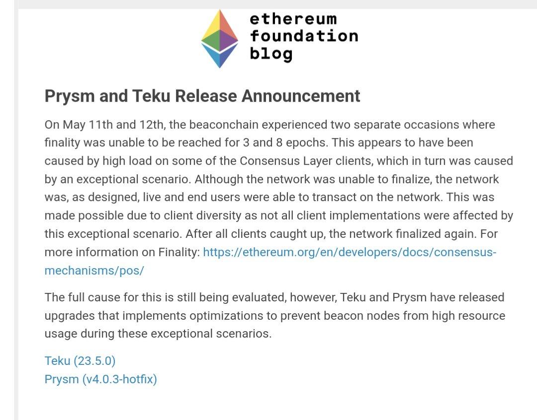 이더리움 개발자들은 최근 신호 체인에서 발생한 블록 생성 중단 오류에 대한 패치를 발표했습니다