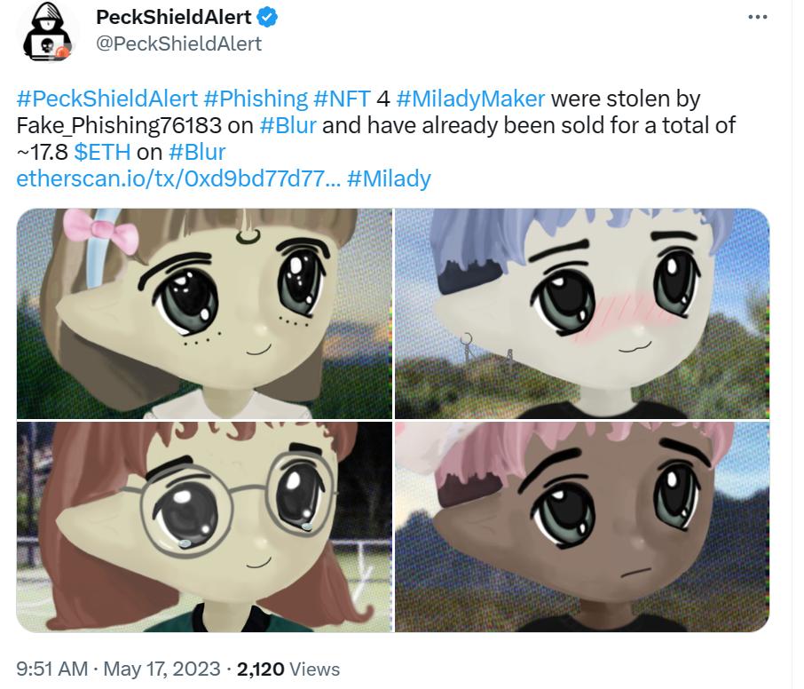 파이쉴드: 4개의 도난당한 Milady Maker NFT가 17.8 ETH에 판매됨