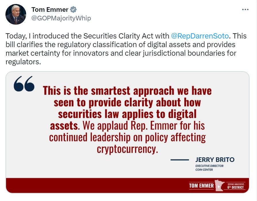 米共和党議員が「証券明確性法案」を提出し、デジタル資産の規制分類を明確にする。