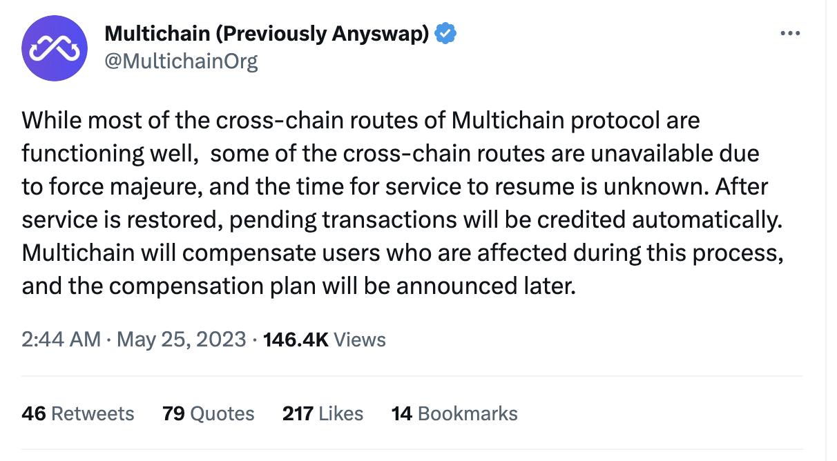 Multichain: Some cross-chain routing is unavailable due to force majeure, and the recovery time is unknown