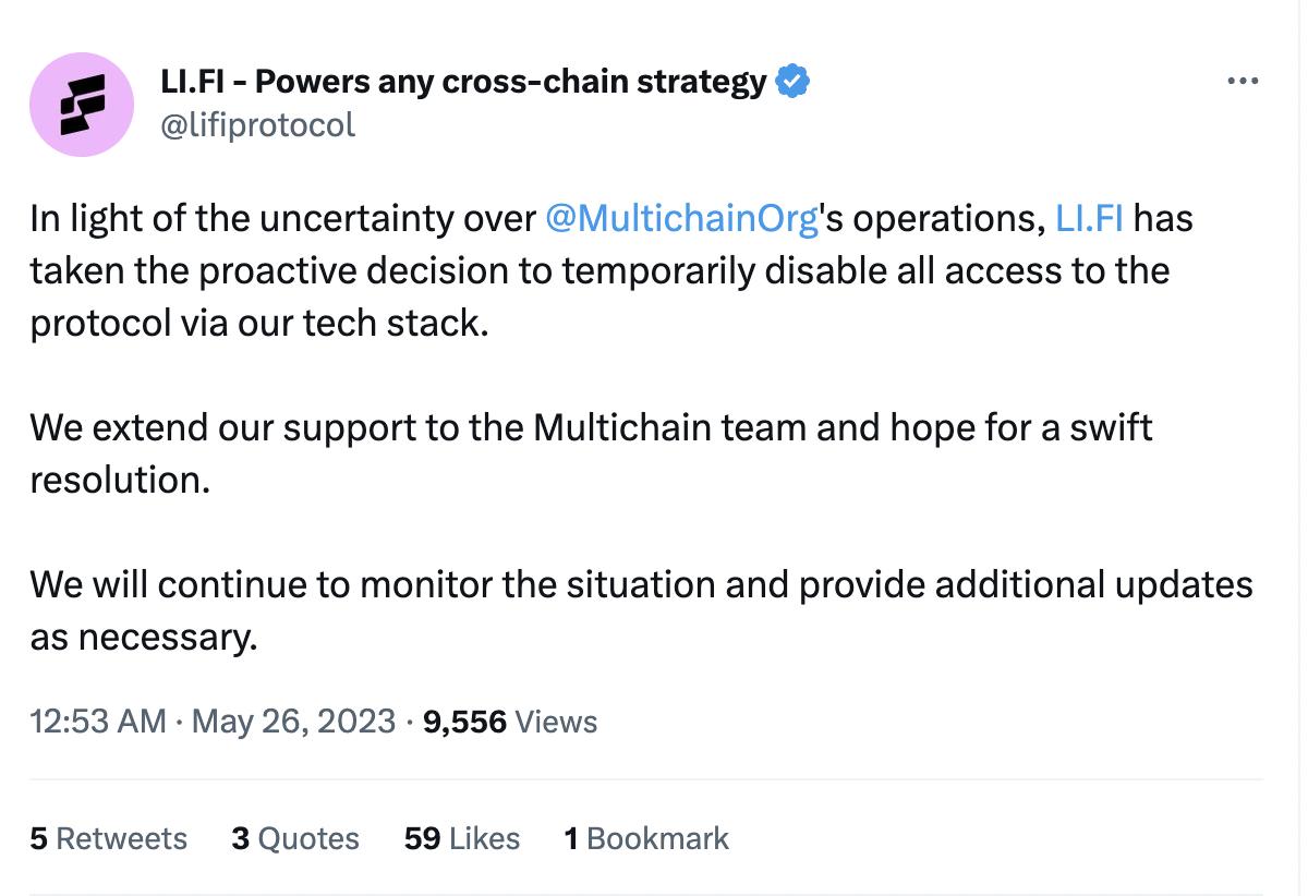 LI.FI：技術スタックによるMultichainへのすべてのアクセスを一時的に無効にします。