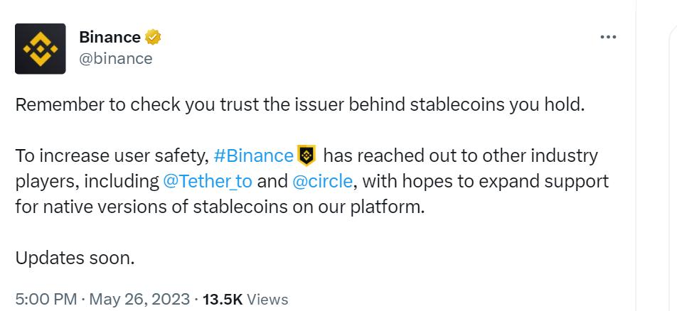 바이낸스: 테더, 서클 등과 연락을 취했으며, 바이낸스에서 스테이블코인 원본 버전에 대한 지원을 확대할 계획입니다