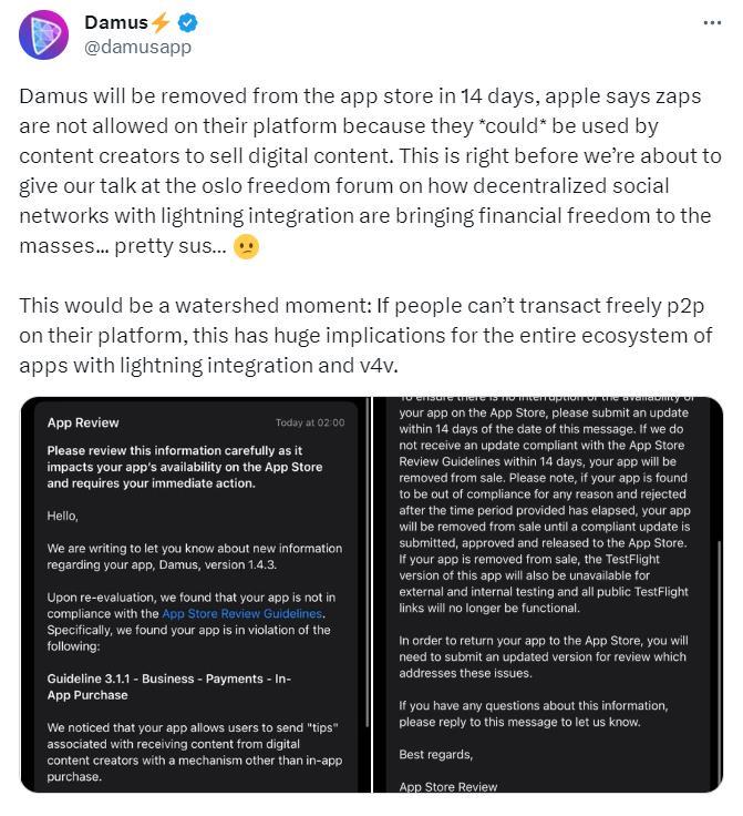 Damus는 Apple 앱 스토어에서 삭제될 예정이며, 이는 Apple이 zaps 기능을 허용하지 않기 때문입니다