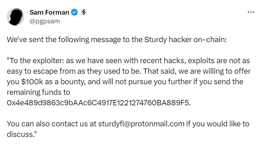 Sturdy Finance 向其攻击者提供 10 万美元赏金以要求资金归还