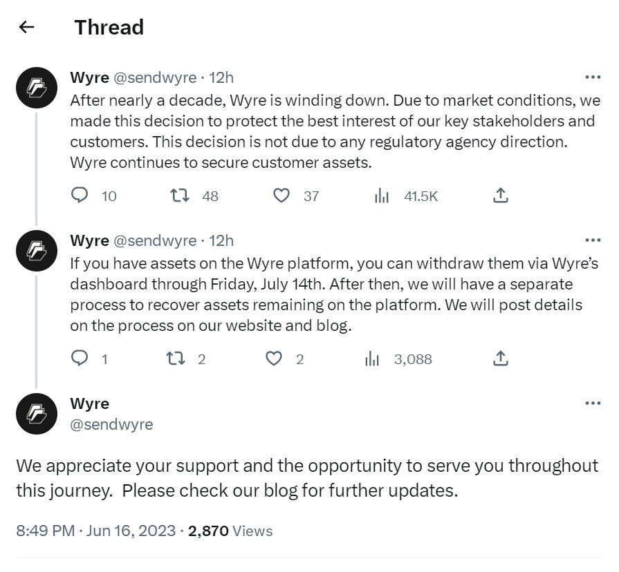 加密支付公司 Wyre 宣布将逐步关闭，用户需在 7 月 14 日之前提取资产