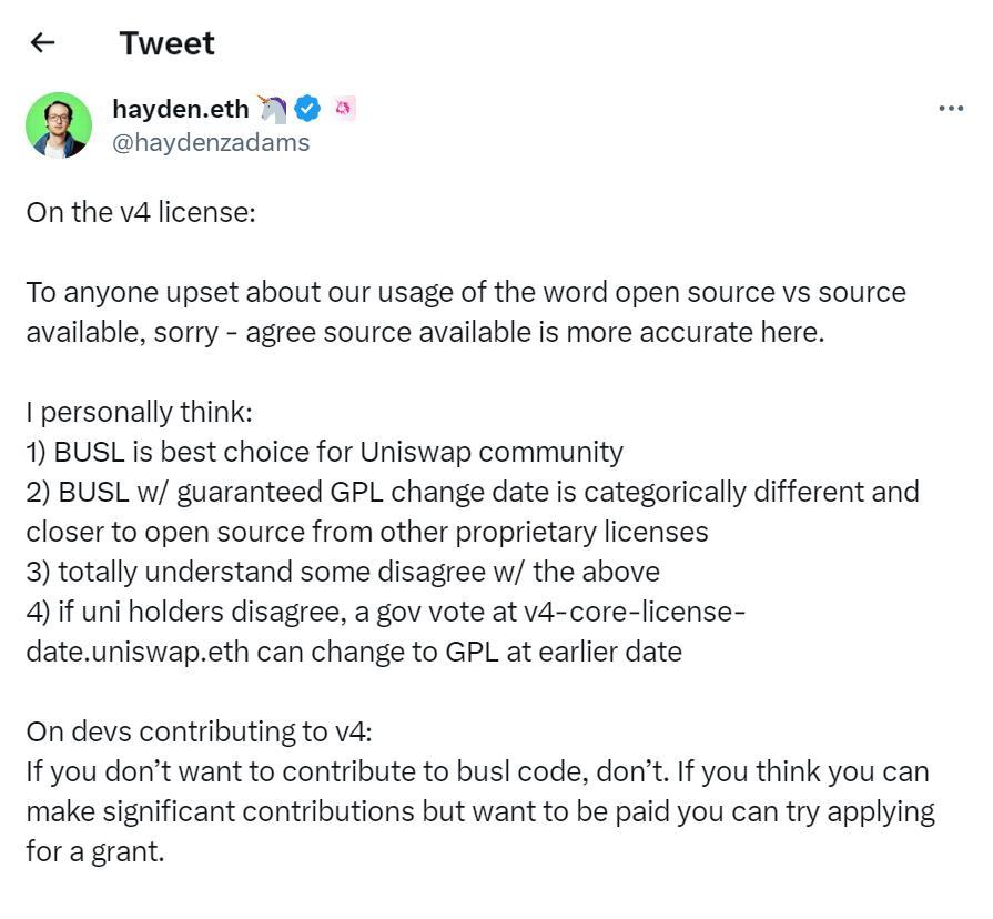 Uniswap 창립자: BUSL은 Uniswap 커뮤니티의 최선의 선택이며, UNI 보유자가 동의하지 않을 경우 거버넌스 투표를 통해 GPL로 변경할 수 있습니다
