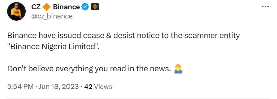 赵長鵬：バイナンスは詐欺団体「バイナンスナイジェリア株式会社」に運営停止通知を発出しました。