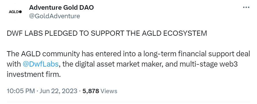 Adventure Gold 获 DWF Labs 数百万美元投资承诺