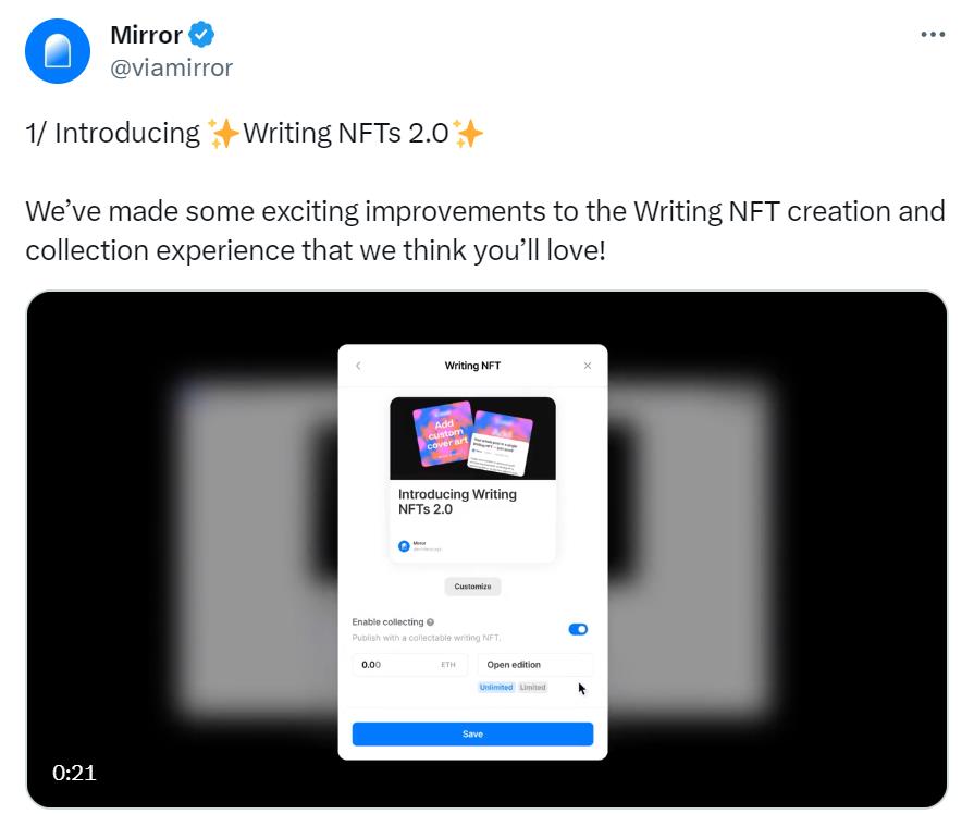 Web3 內容平台 Mirror 推出 Writing NFT 2.0