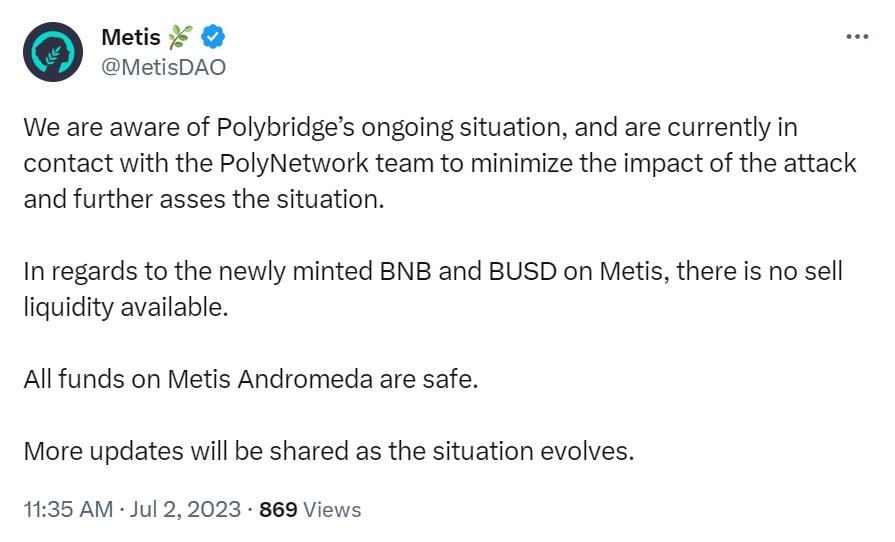 Metis：ハッカーが流動性のない巨額のBNBを新たに鋳造し、Metis Andromeda上のすべての資金は安全です。