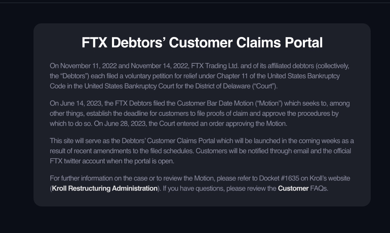 FTXの請求ポータルサイトは、数週間以内にサービスを開始することに変更されました。