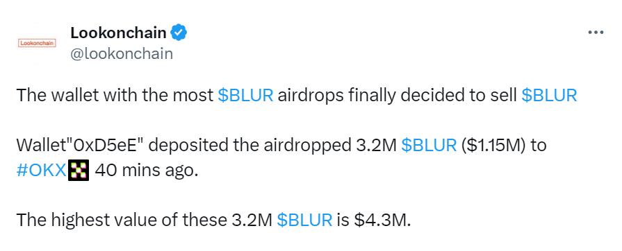 Lookonchain：最も多くのBLURエアドロップを受け取った巨大クジラアドレスがOKXに320万枚のBLURを入金しました。