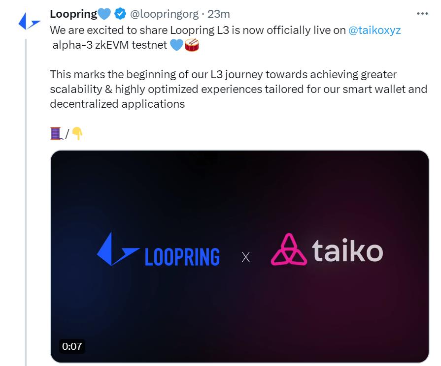 Loopring L3 출시 Taiko alpha-3 zkEVM 테스트넷