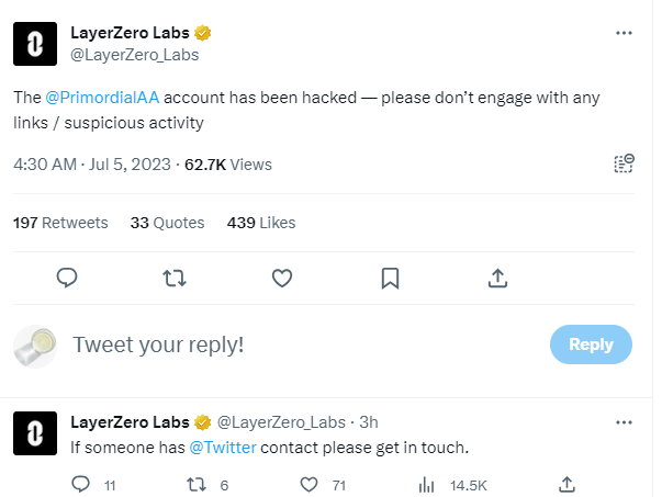 LayerZero CEO 推特账号被盗，请勿点击任何可疑链接