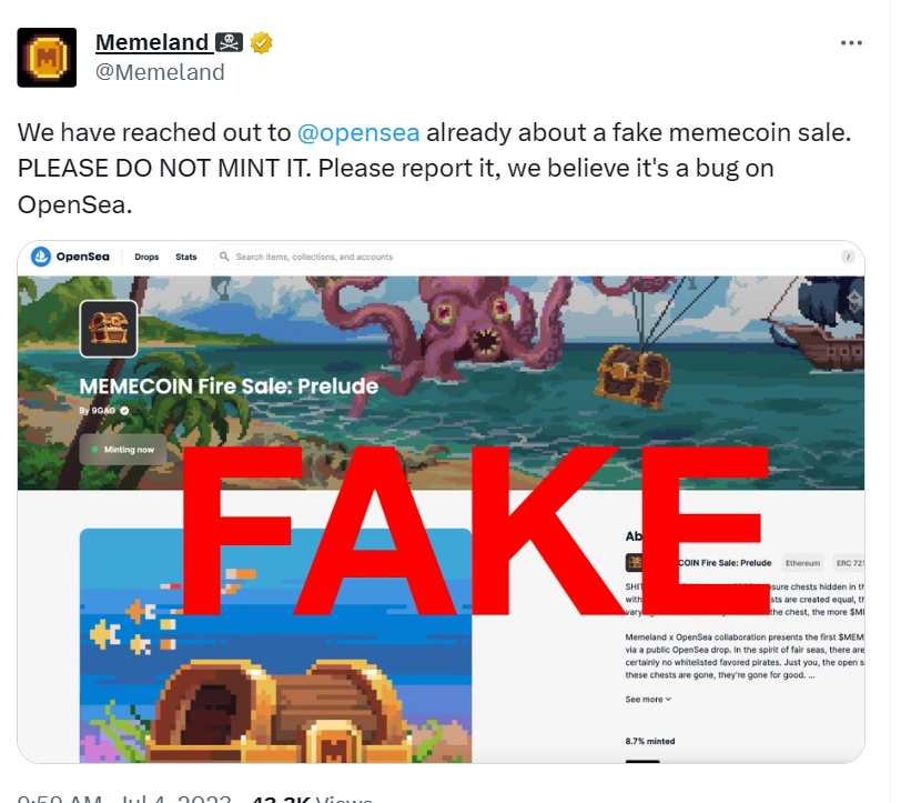 Memeland：OpenSea에 가짜 MEMECOIN이 등장했습니다. 민트하지 마세요