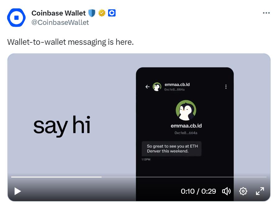 Coinbase Wallet 新增链上消息功能，允许用户间交流互动