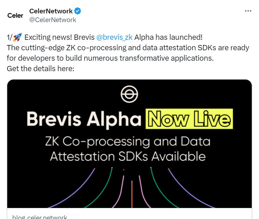 Celer Network는 제로 지식 ZK 전체 체인 데이터 증명 플랫폼 Brevis Alpha 버전을 출시했습니다