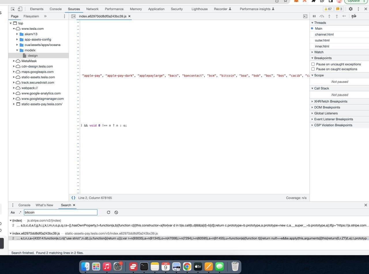 特斯拉付款页面源代码出现比特币，暂无法确认是否为新增