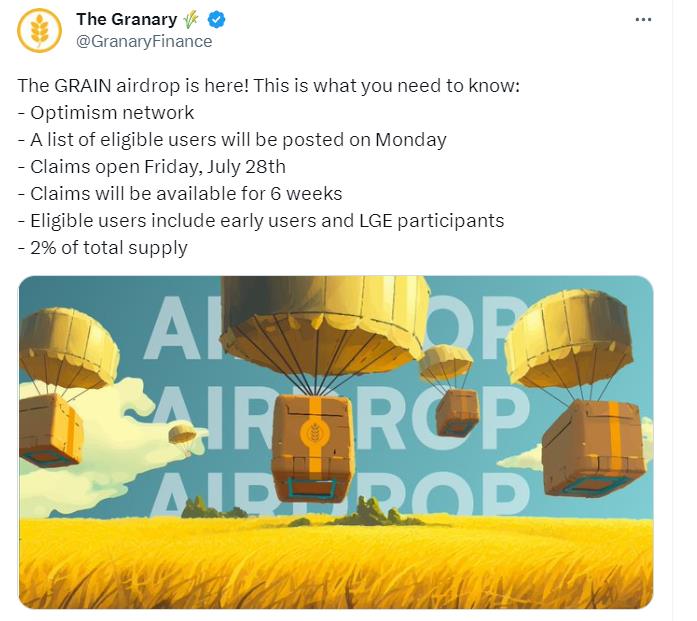 DeFi貸出プロトコルGranary Financeは、初期ユーザーとLGE参加者にエアドロップを配布します。