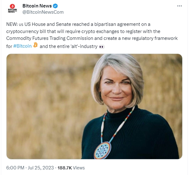 消息：美国众议院和参议院就加密货币法案达成协议，要求加密货币交易所向 CFTC 注册