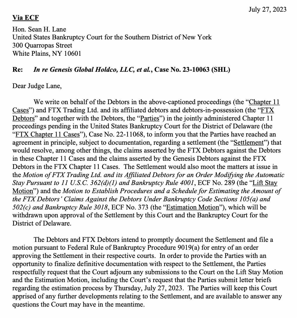 FTX와 제네시스는 제11장 사건과 관련된 분쟁 해결을 위한 원칙적 합의에 도달하여 법원에 화해를 요청했습니다