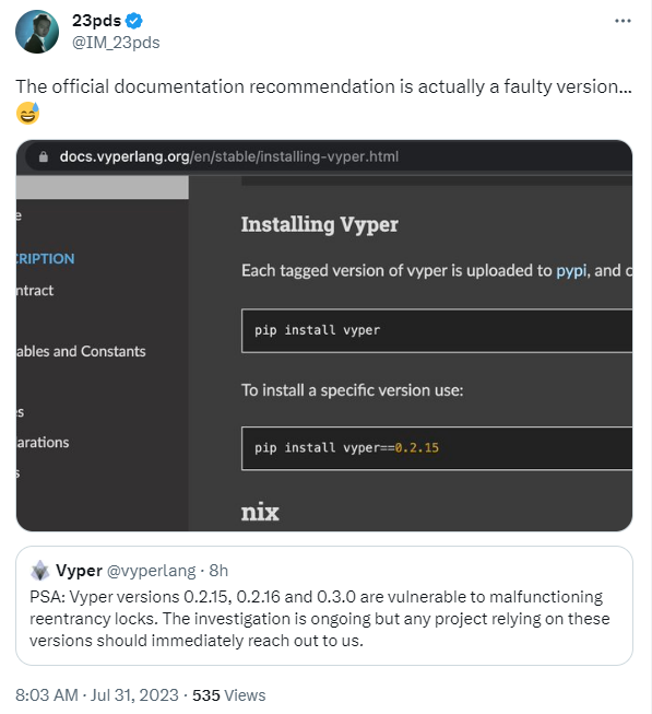 慢雾：Vyper 官方文档推荐的系错误版本