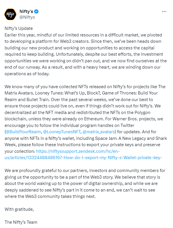 Web3 창작자 플랫폼 Nifty가 서비스 종료를 발표했습니다