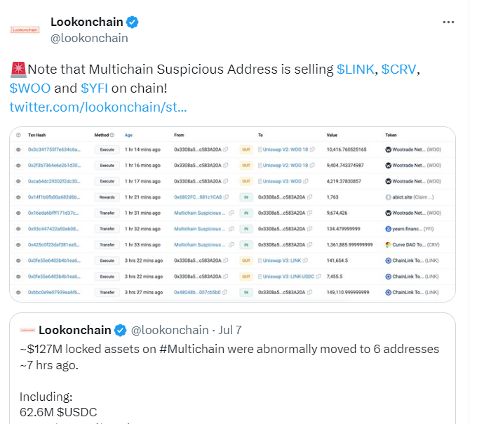 Lookonchain：Multichain 可疑地址正在出售 LINK、CRV、WOO 和 YFI 代幣