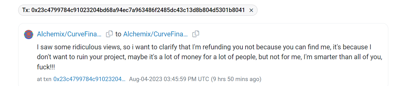 Curve 池攻击者：归还资金只是不想毁掉项目，并不是害怕被抓到