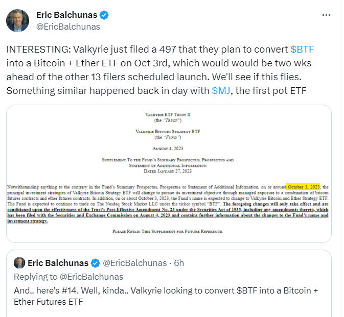 Valkyrie 計劃將比特幣策略 ETF 轉換成比特幣 + 以太坊期貨 ETF