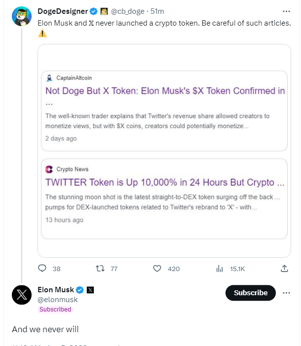 マスク：Xは決して暗号トークンを導入しない