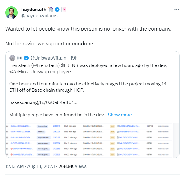 Uniswap 创始人：FRENS 代币部署者 AzFlin 早已离职，绝不支持 Rug Pull 行为