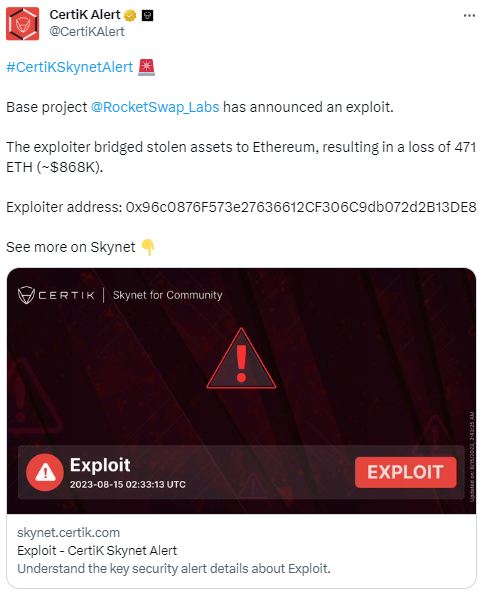 Base 生態項目 RocketSwap 遭漏洞攻擊，已損失約 86.8 萬美元
