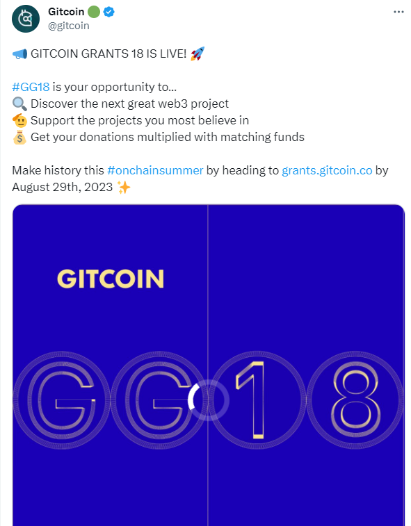 Gitcoin 第18 轮寄付活動がオープンしました。Optimism と PGN ネットワークをサポートしています。