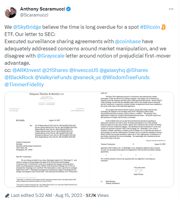 天橋資本がSECに書簡を送り、ビットコイン現物ETFの早期承認を求める