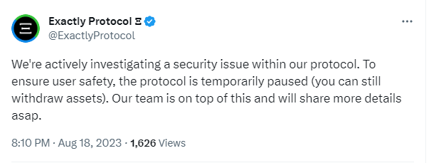 Exactly Protocol 协议已暂停，用户仍可提取资产