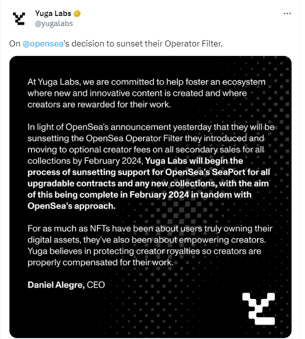 Yuga Labs는 OpenSea SeaPort의 모든 업그레이드 가능한 계약 및 새로운 시리즈에 대한 지원을 점진적으로 중단할 것입니다