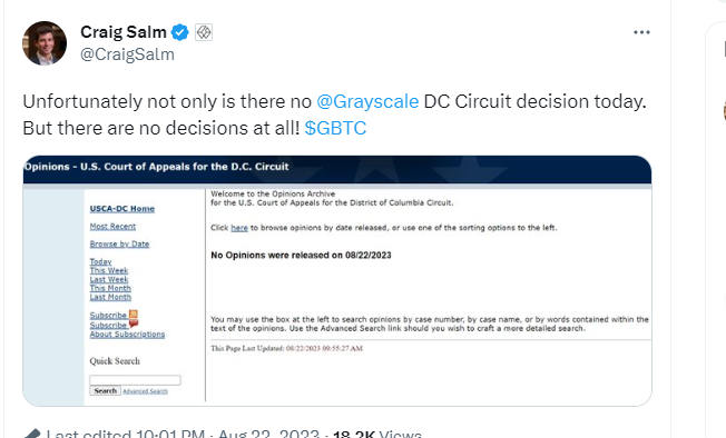 グレースケールの最高法務責任者：グレースケールとSECの訴訟に関して、今日のところ裁定はありません。