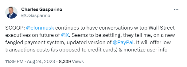 머스크, X의 미래에 대해 월스트리트 경영진과 대화, 새로운 결제 시스템 출시 및 사용자 정보 화폐화 가능성