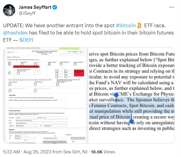 Hashdexは、ビットコイン先物ETFに現物ビットコインを保有する申請を行いました。