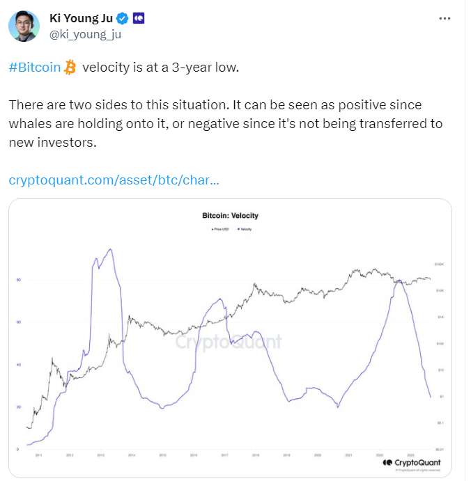 CryptoQuant CEO：比特币流通速度创 3 年新低