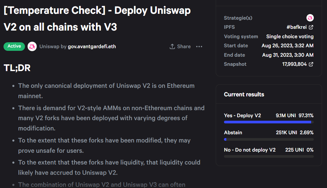 Uniswap 就"在所有具备 Uniswap V3 的链上部署 V2"提安发起温度检查投票