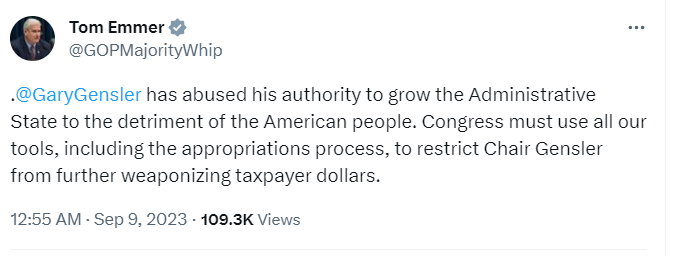 美国国会议员 Tom Emmer 计划提出一项拨款修正案，以限制美 SEC 对加密行业的监管