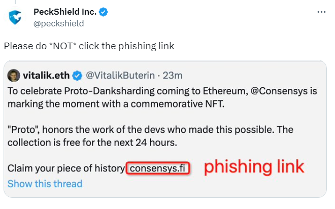Vitalik 推特账户遭攻击并发布钓鱼链接